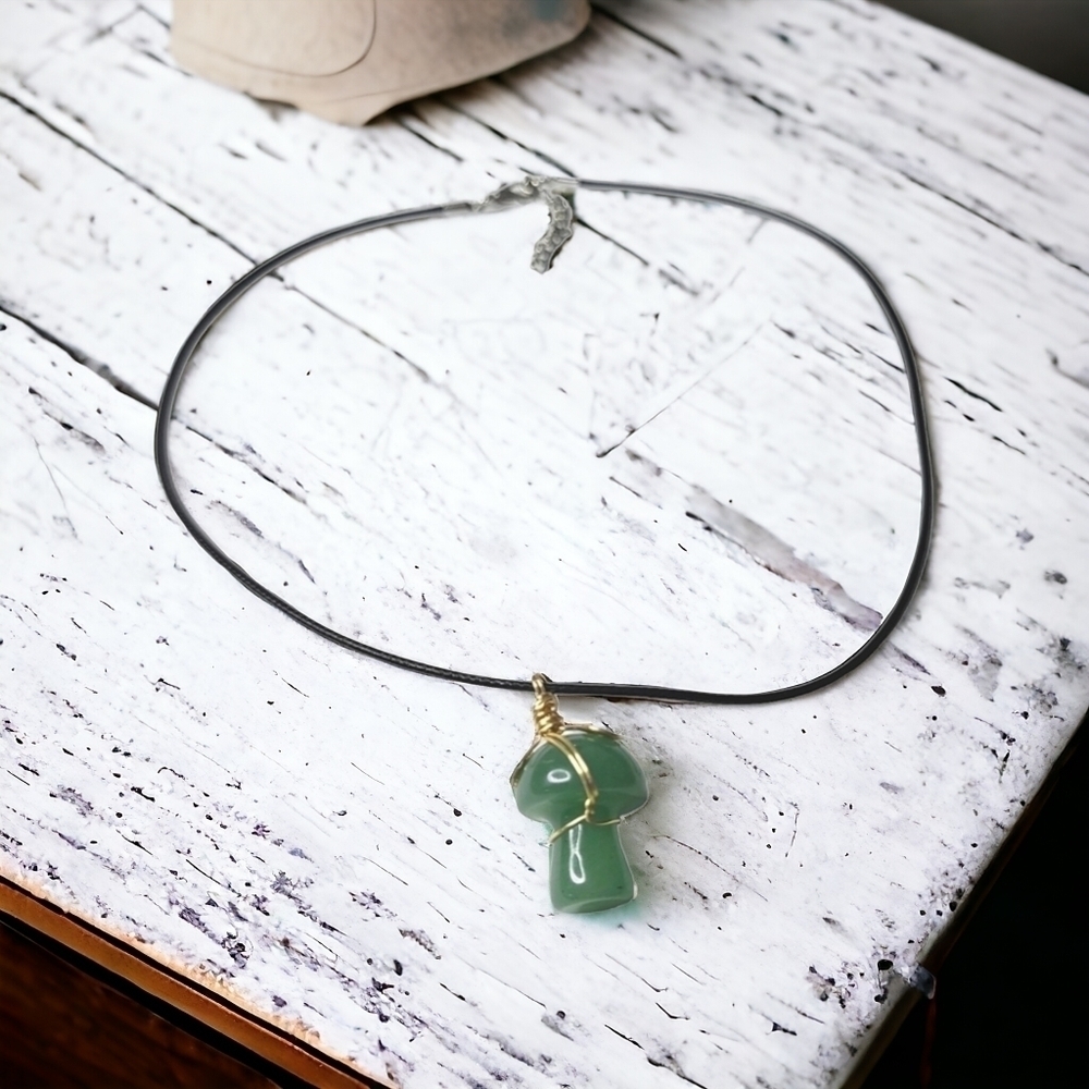 Handcrafted Aventurine Mushroom Necklace With 18-IN Cotton Wax Cord